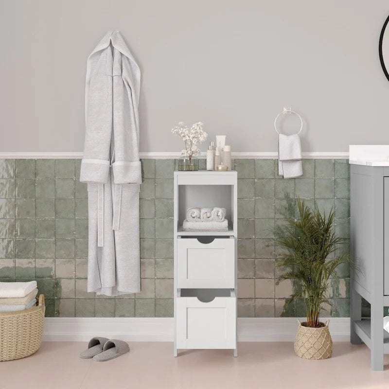 Meuble de rangement bas avec 2 tiroirs, une étagère ouverte et patins de protection