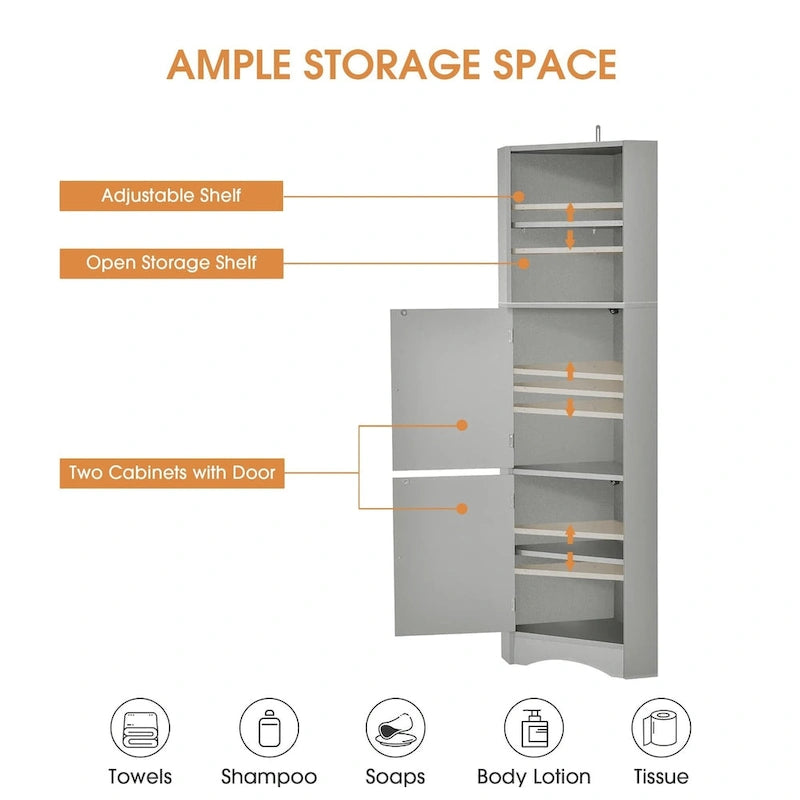 Meuble d'angle haut de salle de bain, meuble de rangement autonome avec portes et étagères réglables